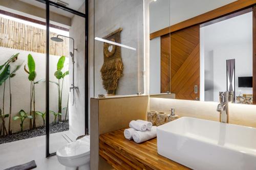 烏布的住宿－Villa Crystal Lagoon by Bali Superhost，一间带水槽和卫生间的浴室