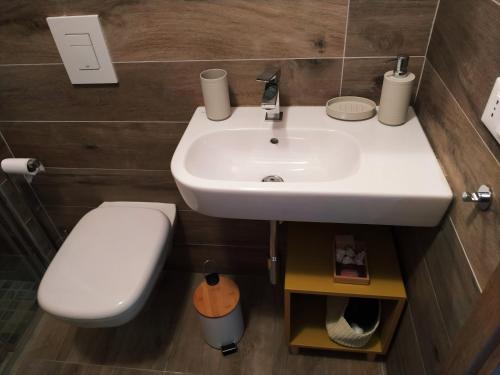 a bathroom with a white sink and a toilet at Il Giardino di Marzo Guest House in Monti di Licciana Nardi