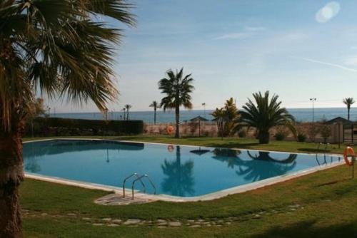 uma grande piscina com palmeiras e um parque infantil em Playa Paraiso 31D em Villajoyosa