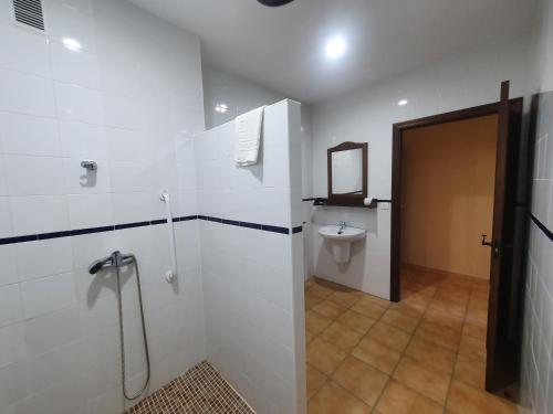 baño con aseo y espejo en la pared en POSADA LOS PEDREGALES en El Granado