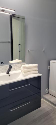 a bathroom with a sink and a mirror at Mon Soleil in Les Sables-d'Olonne