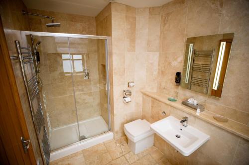 a bathroom with a sink and a shower and a toilet at Mulberry House in Swansea