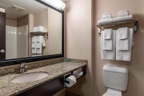 a bathroom with a sink and a mirror and a toilet at Best Western Bonnyville Inn & Suites in Bonnyville
