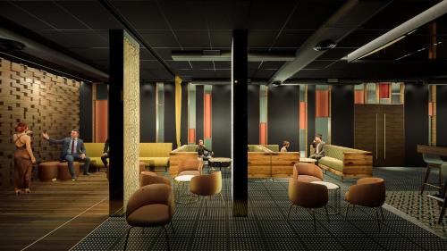 a rendering of a waiting room with chairs and people at Zone By The Park Gopalpur in Gopālpur