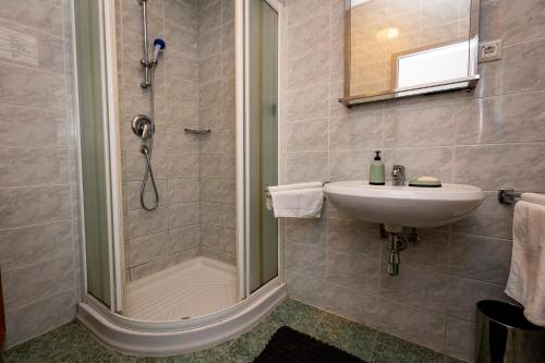 uma casa de banho com um chuveiro e um lavatório. em Prijeten sončen apartma v objemu Pohorja em Zgornje Hoče