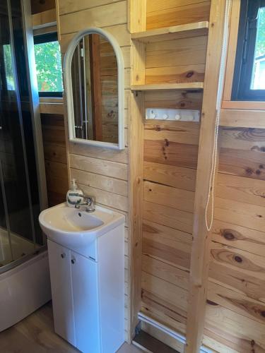 un baño con lavabo y espejo en Dziwnówek DOMKI U MILENY Dziwnówek, en Dziwnówek