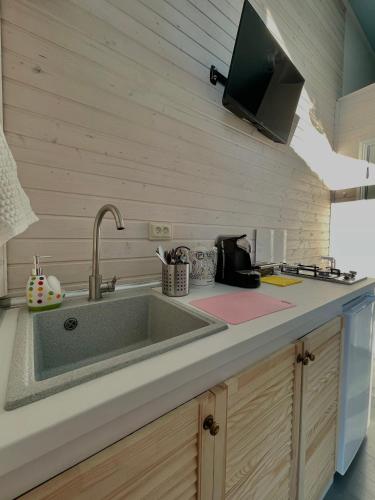 a kitchen with a sink and a tv on the wall at View Racha in Ambrolauri
