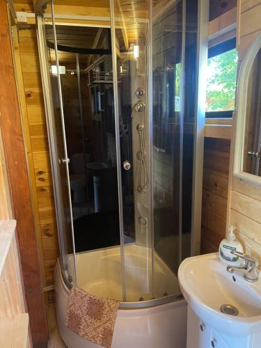 a shower in a small bathroom with a sink at Dziwnówek DOMKI U MILENY Dziwnówek in Dziwnówek