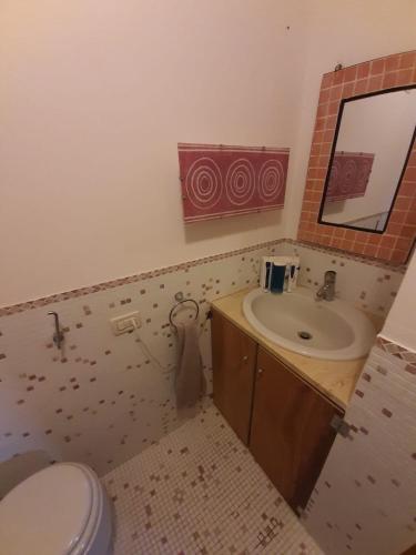 uma casa de banho com um lavatório, um WC e um espelho. em Appartamento Poggio Biondo em Buriano