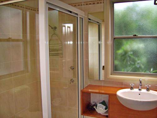 a bathroom with a sink and a shower with a window at Coast and Country Cabin 4 