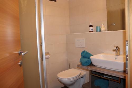 een badkamer met een toilet en een wastafel bij Schneiderhof in Valdurna