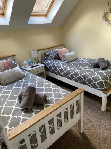 a bedroom with two beds and a ceiling with skylights at The Ashton Mews in Bristol