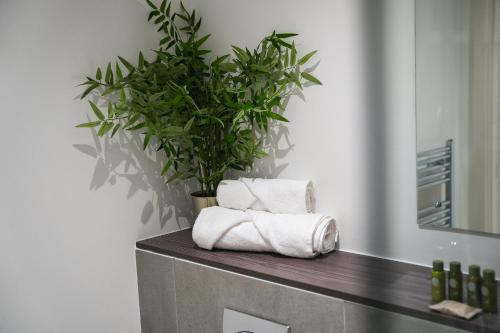 uma casa de banho com uma pilha de toalhas e uma planta em Modern 1-Bed Apartment - City Centre - FREE Wi-Fi - New - em Manchester