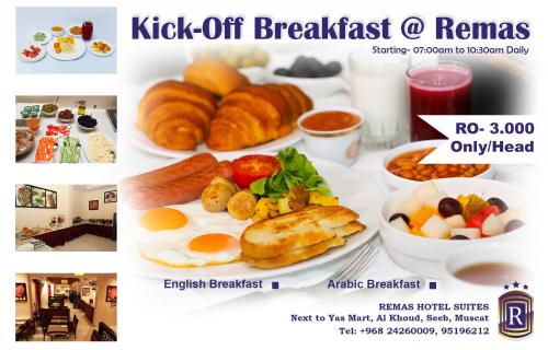 a collage of pictures of breakfast foods on plates at Remas Hotel Suites - Al Khoudh, Seeb, Muscat in Seeb