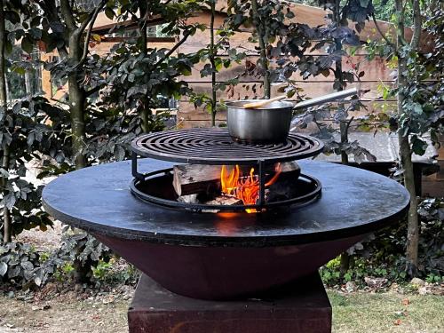 una olla en la parte superior de una parrilla con fuego en Enjoy Eco Lodge, en Onhaye