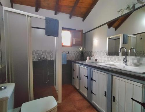uma casa de banho com um WC, um lavatório e um chuveiro em F&C - Tranquilidad en mar y montaña em Las Palmas de Gran Canaria