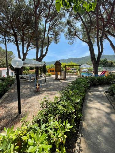 a park with a bench and a playground with trees at Hotel Brigantino in Procchio