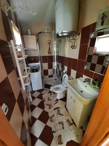 uma casa de banho com um lavatório e um chuveiro. em domek Drewniany na wiejskiej em Lubiatowo