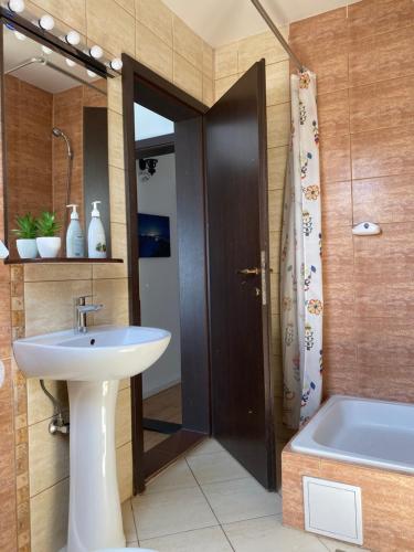 a bathroom with a white sink and a bath tub at Pensiunea Sandra in Bran