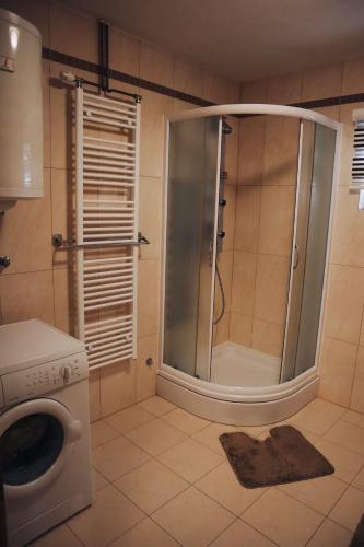 a bathroom with a shower and a washing machine at Villa Sami in Bihać