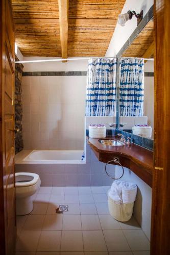 a bathroom with a sink and a toilet and a tub at Estancia Rio de Arena in Colalao del Valle