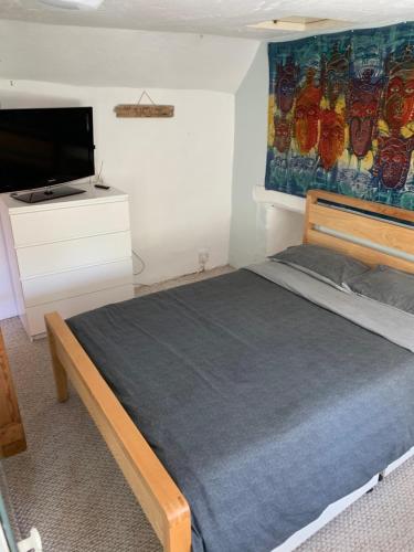 een slaapkamer met een bed en een flatscreen-tv bij Forsythia cottage with surf and cycle hire in Wrafton