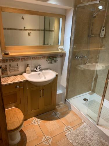 a bathroom with a sink and a shower at Forsythia cottage with surf and cycle hire in Wrafton