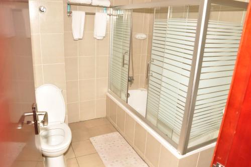 uma casa de banho com um WC e um chuveiro em Kaleb Hotel em Addis Ababa