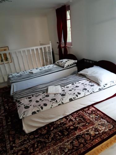 two beds sitting next to each other in a room at Rebeka Villa in Zamárdi