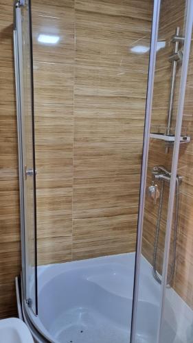 a shower with a glass door in a bathroom at SPA Resort Villa Sofia in Yablunytsya