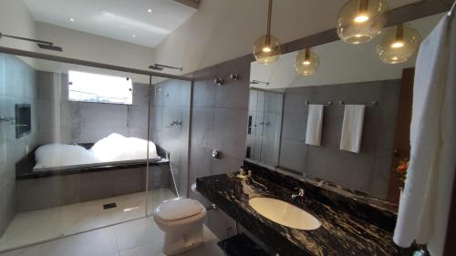 a bathroom with a sink and a toilet and a mirror at Salvador Palace Hotel 