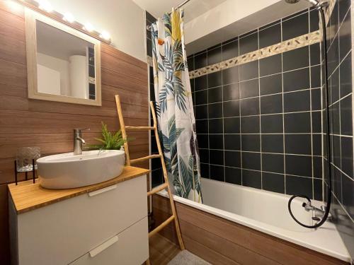 La salle de bains est pourvue d'un lavabo et d'une douche. dans l'établissement Splendide appartement de charme avec patio, parking et plage à 3 minutes, à Biarritz