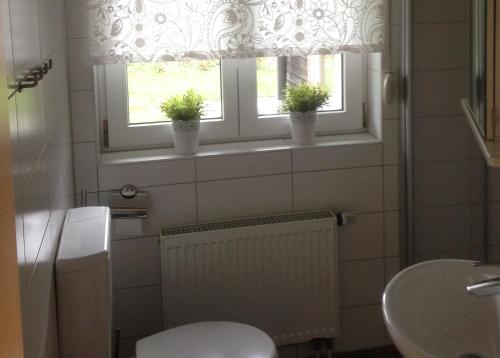 a bathroom with a toilet and a window with two potted plants at Haus Janina in Rieste