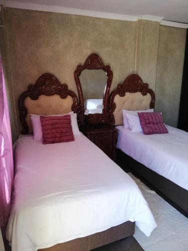 1 dormitorio con 2 camas y espejo en Nonesi Lodge, en Queenstown