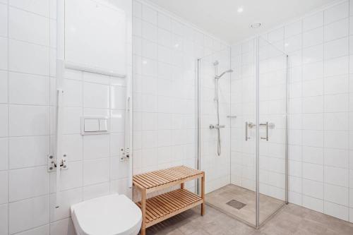 a white bathroom with a shower and a toilet at Frich's Hotell og Spiseri Alvdal in Alvdal