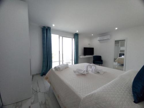 una camera con due letti e una grande finestra di Appartamenti Tropea Gargano a Parghelia