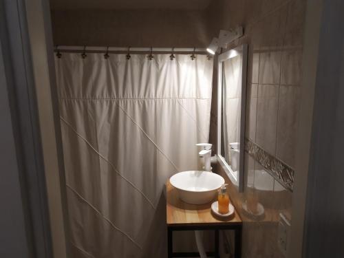 a bathroom with a sink and a shower with a mirror at Tierra Mora Casas de alquiler, ESTA PROPIEDAD SE GESTIONA SOLO POR ESTA PAGINA, SOLO GRUPOS FAMILIARES in Villa Gesell