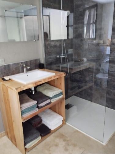 a bathroom with a sink and a shower at Chambre d’hôtes l’Orange Bleue in Rustrel