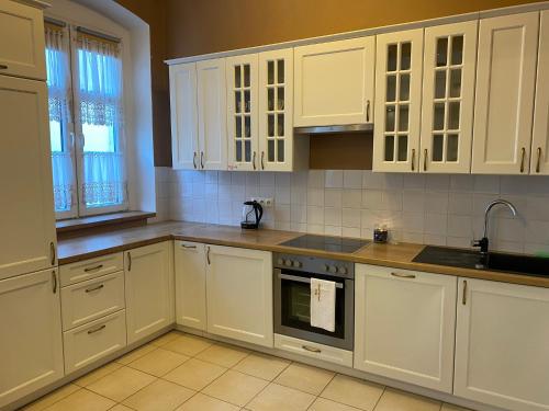 una cocina con armarios blancos y fregadero en Apartament F21B Deluxe w Bielawie Góry Sowie, en Bielawa