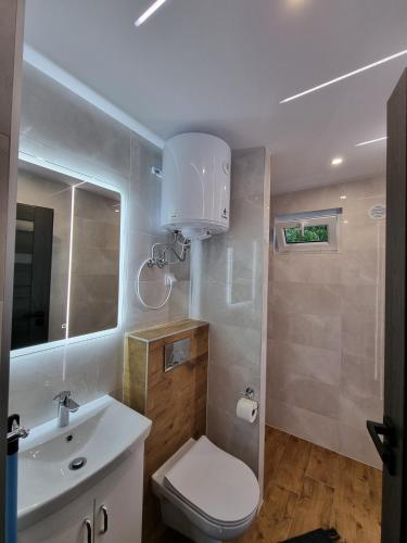 a bathroom with a toilet and a sink and a mirror at Zakątek w Jarosławcu in Jarosławiec