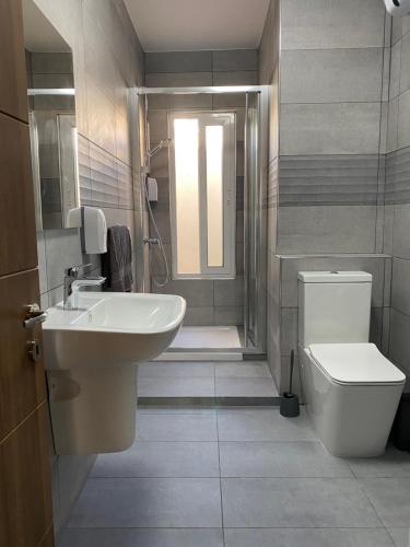 a bathroom with a sink and a toilet and a shower at Seaside Apartment in Gzira in Il-Gżira