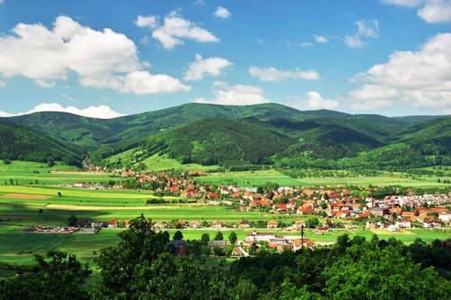 a town in the middle of a valley with mountains at Apartament F21B Deluxe w Bielawie Góry Sowie in Bielawa
