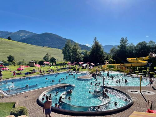 a group of people in a pool at a water park at VILLA OXA in Maria Alm am Steinernen Meer