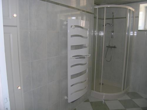 baño con ducha y puerta de cristal en Charmant gîte Haut-Marnais, en Montcharvot