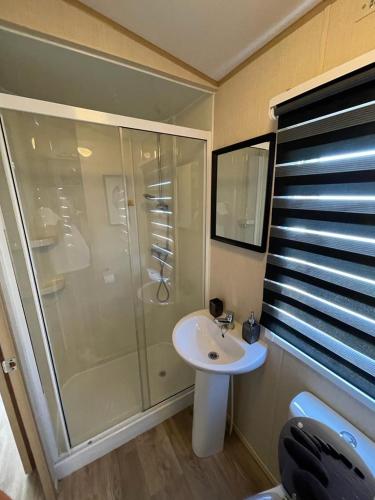 a bathroom with a shower and a sink at Holiday Park Caravan Fluffy in Harts Holiday Park in Leysdown-on-Sea