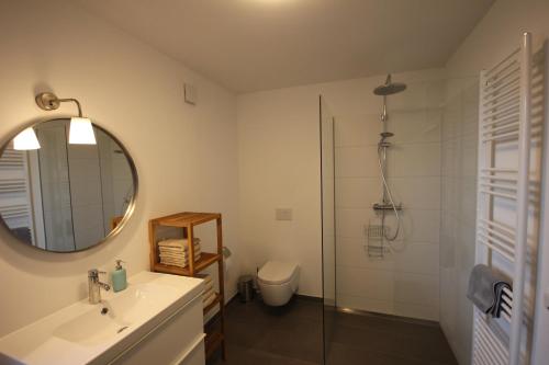 y baño con ducha, lavabo y espejo. en An der Kirchtreppe en Blankenburg