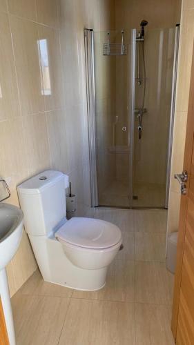 Un baño blanco con inodoro y ducha. en APARTAMENTO FONTE DO CRISTO, en Porriño