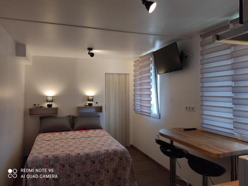 1 dormitorio con cama, escritorio y ventana en Apartment Albert parking privé gratuit, en Limoux