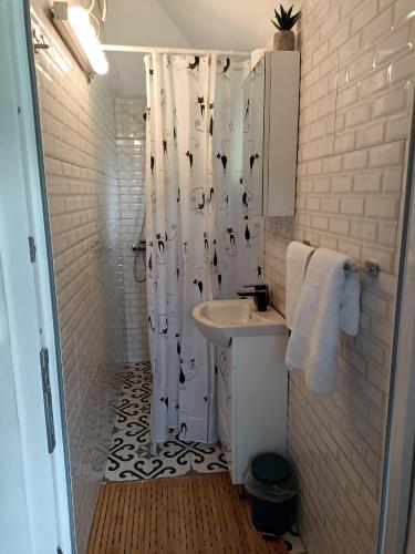 a bathroom with a sink and a shower curtain at Ranč Sretenović in Mionica