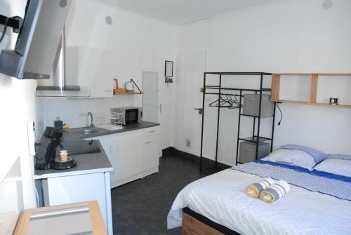 une petite chambre avec un lit et une cuisine dans l'établissement Studio Nancy quartier Thermal - Parc Sainte-Marie, à Nancy